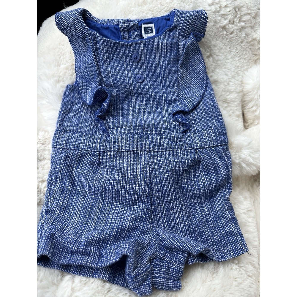 Janie and Jack 3-6 Mo. Girls Royal Blue Boucle Tweed Romper Spring Preppy Ruffle